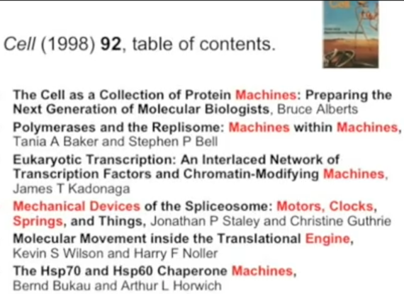 Cell ամսագրի 1998թ-ի փետրվարի 6-ին լույս տեսած համարի բովանդակությունն է (Կարմիրով հատուկ ընդգծված են կենսաբաների համար, որպեսզի կարողանան տարբերակել “Մեքենա” բառը: Cell, Vol. 92:291 (February 6, 1998)